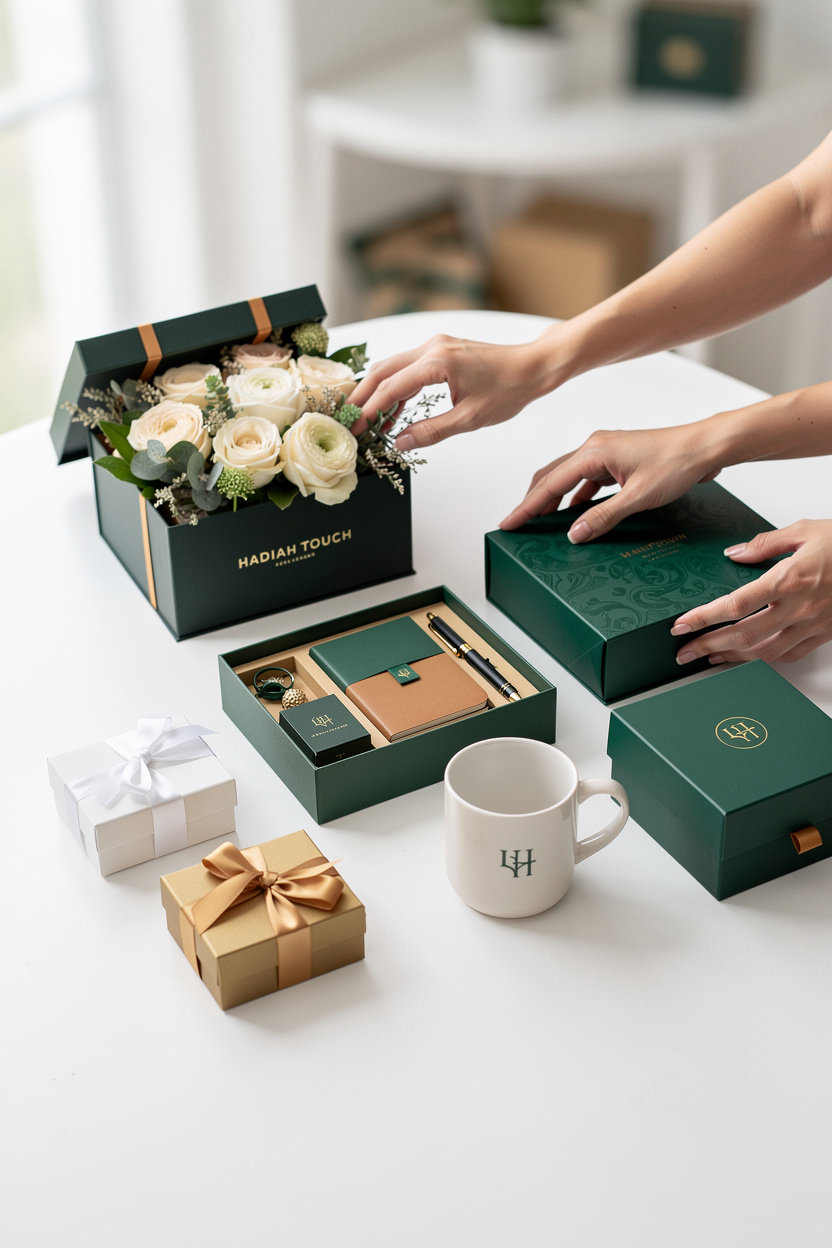 Hadiah Touch premium gift boxes and custom packaging portfolio showcase featuring luxury floral boxes and corporate gifts